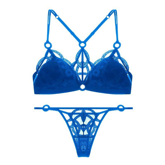 FREEDOMBEAUTY | French sexy back underwear women's big breasts show small large size underwear set thin mesh embroidered steel-rimless bra
