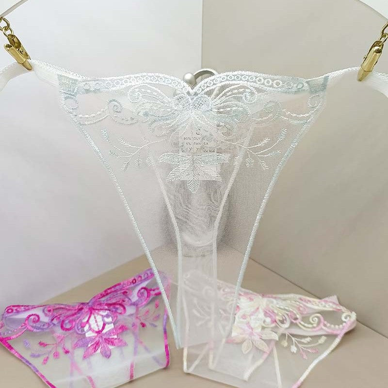 FREEDOMBEAUTY | Hollow-out perspective lace mesh embroidery sexy women's love T-panties pattern embroidery foreign trade cross-border