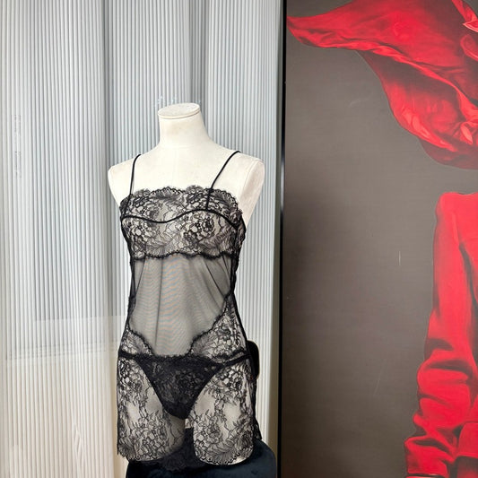 FREEDOMBEAUTY | FQ2868 European and American sex underwear hollow eyelash lace mesh see-through nightdress sexy black women's loungewear