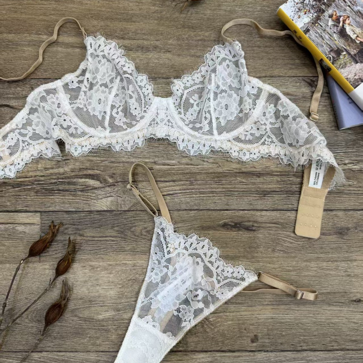 FREEDOMBEAUTY | French lace underwear sponge-free sexy bra foreign trade big breasts small gathering bra set Lingerie