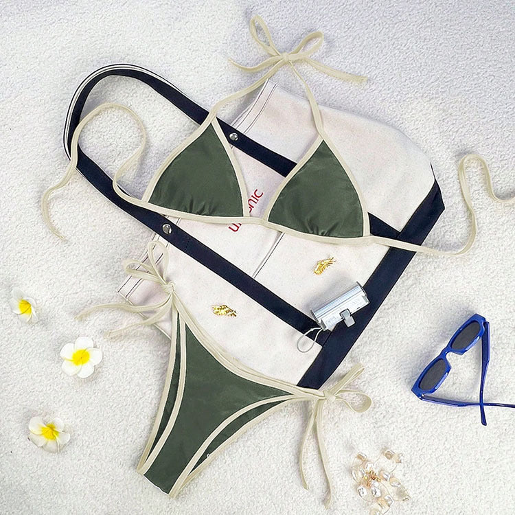 FREEDOMBEAUTY | Swimwear 2025 new European and American color matching lace-up split swimsuit women's beach hot spring swimwear wholesale