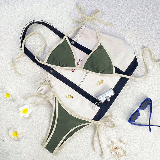 FREEDOMBEAUTY | Swimwear 2025 new European and American color matching lace-up split swimsuit women's beach hot spring swimwear wholesale