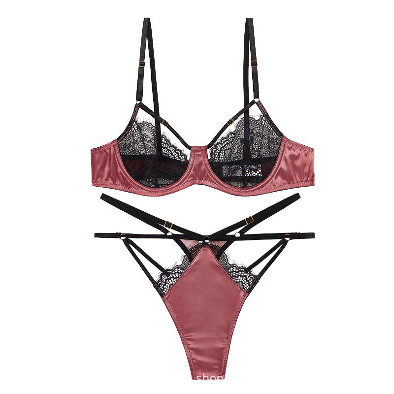 Freedombeauty | Super book lace French bra T-pants satin splicing perspective seduction sexy lingerie retro suit