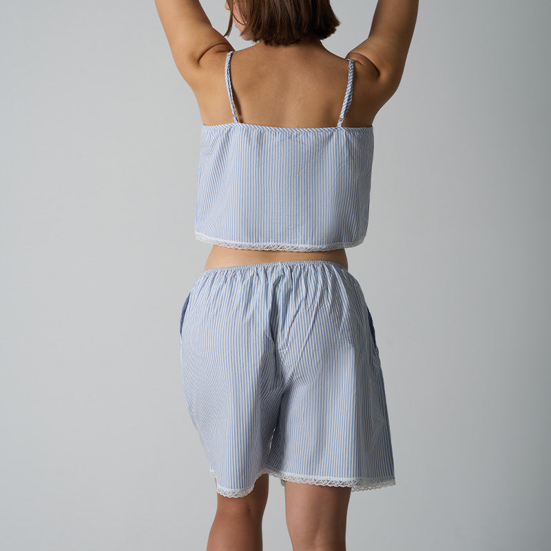 FREEDOMBEAUTY | COTTON JERSEY The same STRIPES lace-up woven bow clavicle super vest lace striped set