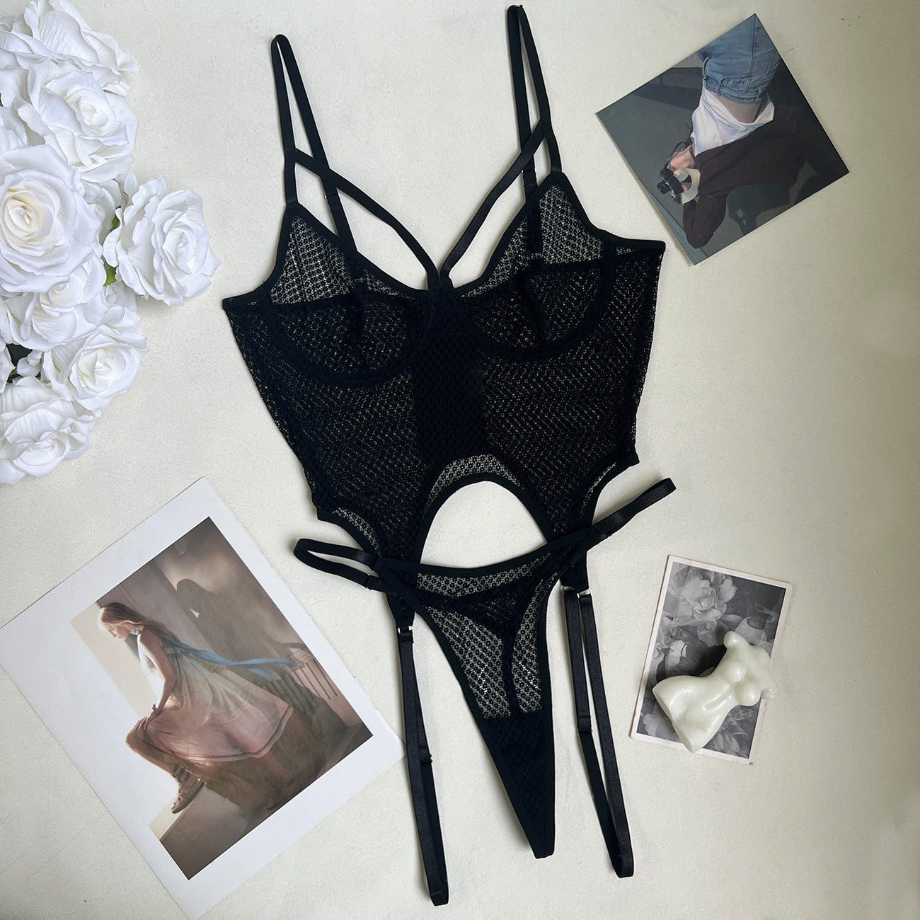 FREEDOMBEAUTY | Sexy fishnet underwear bra ultra-thin net fishnet sex set perspective one-piece
