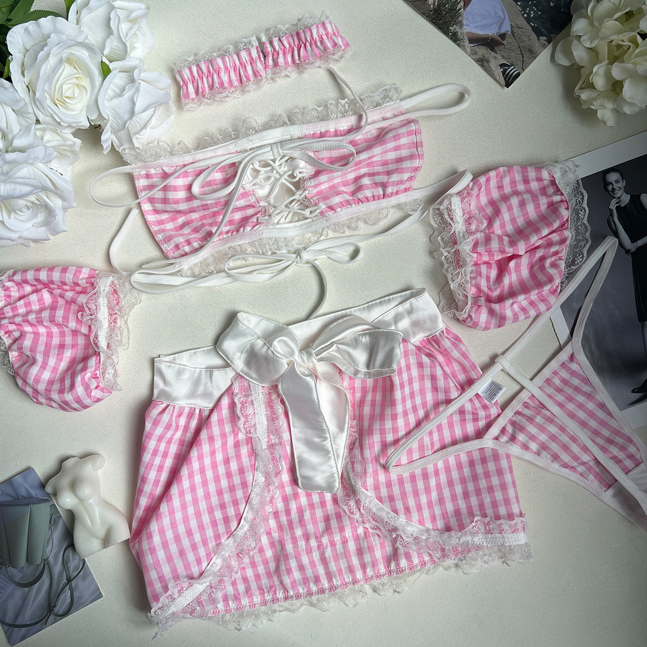 freedombeauty|Maid outfit cosplay plaid gloves lace edge skirt set sex bra