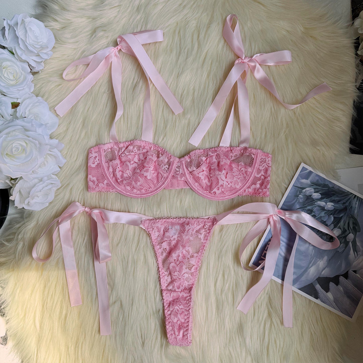 freedombeauty|Popular INS style romantic lace bow girl sexy perspective mesh with steel ring underwear women