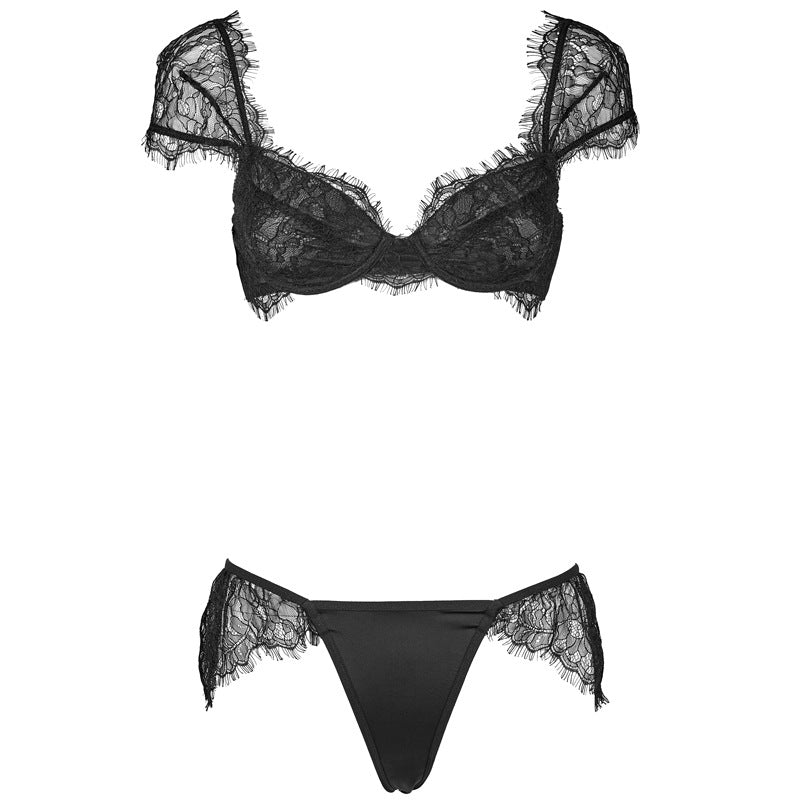 FreedomBeauty | FQ2679 Eyelash Lace Sleeves Thin Bra Low Waist Microfiber Thong Lingerie Set
