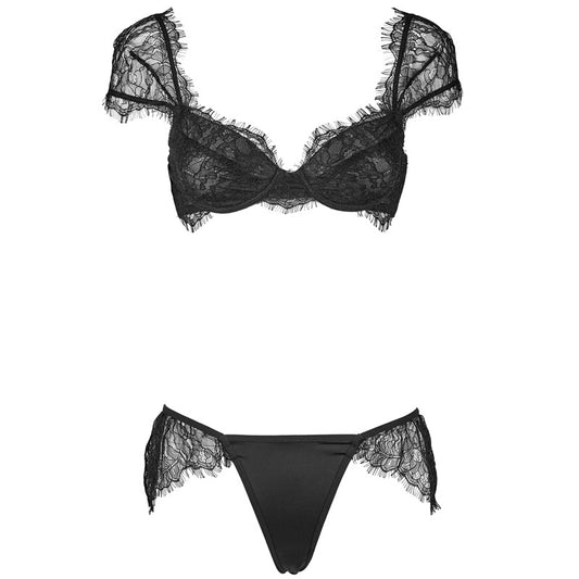 FreedomBeauty | FQ2679 Eyelash Lace Sleeves Thin Bra Low Waist Microfiber Thong Lingerie Set