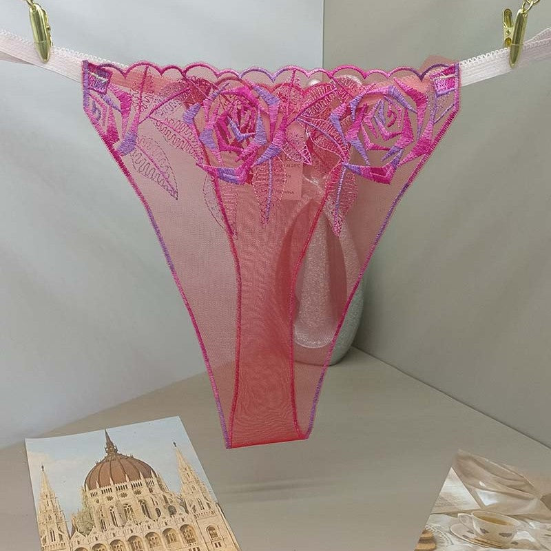 FREEDOMBEAUTY | Transparent red mesh embroidery hollowed-out sexy women's sex thong t-pants flower embroidery perspective panties cross-border