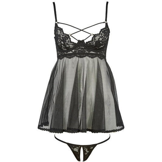 Freedombeauty | FQ2682 Cross Strap Lace Mesh Perspective Dress Open Crotch Thong Black Sex Dress Set Cross Border