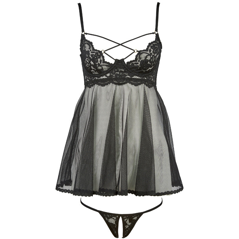 Freedombeauty | FQ2682 Cross Strap Lace Mesh Perspective Dress Open Crotch Thong Black Sex Dress Set Cross Border