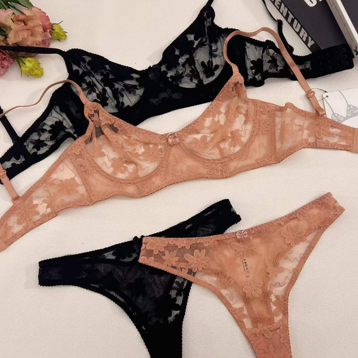 FREEDOMBEAUTY | Cross-border European and American French underwear sexy lace ultra-thin perspective sex bra embroidery big chest small bra set