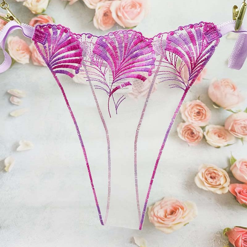 FREEDOMBEAUTY | Hollow-out embroidery perspective sexy new sex thong fan-shaped leaf pattern mesh embroidery cross-border