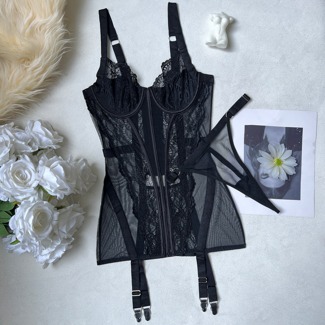 FREEDOMBEAUTY | Sex Underwear Skinny Dress Thong Two-piece Set Slim Perspective Lace Mini Skirt Sex Set