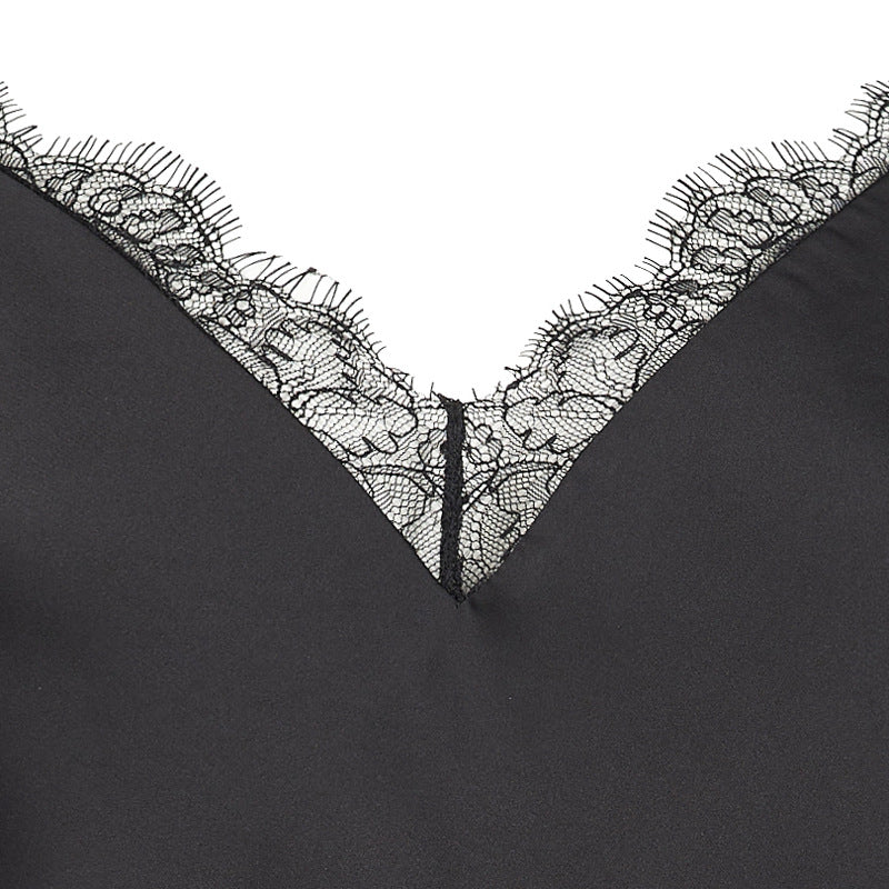 FREEDOMBEAUTY | FQ2720 eyelash lace satin satin suspender halter cross with V-neck sleeveless comfortable nightdress women's black and white