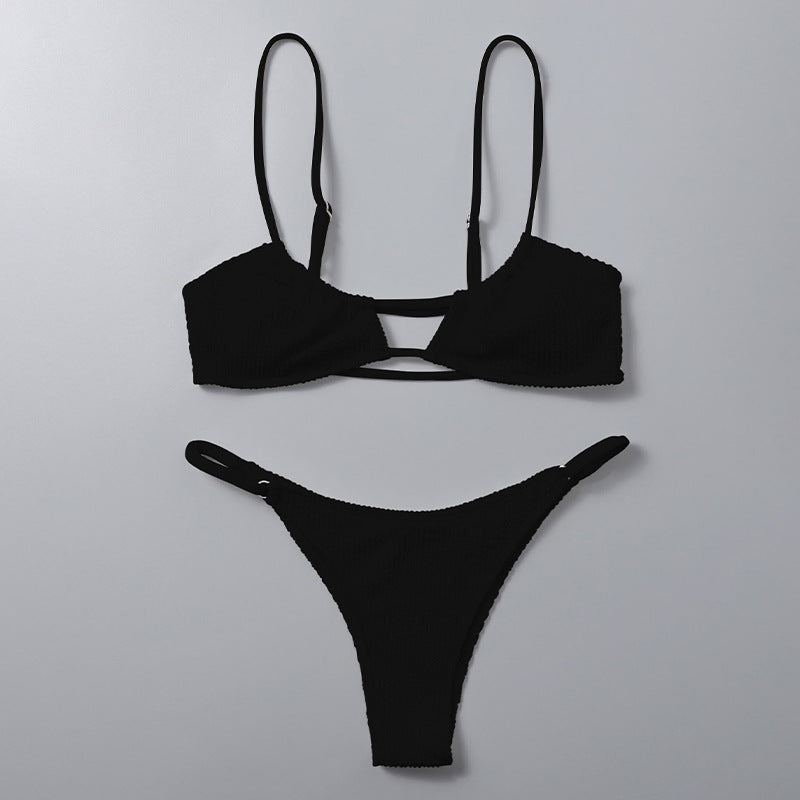 FREEDOMBEAUTY | 2025 European and American women's split swimsuit, solid color suspender sexy thong bikini swimsuit