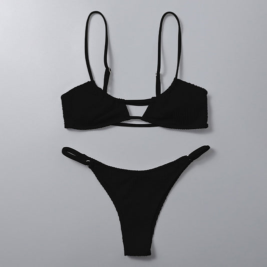 FREEDOMBEAUTY | 2025 European and American women's split swimsuit, solid color suspender sexy thong bikini swimsuit