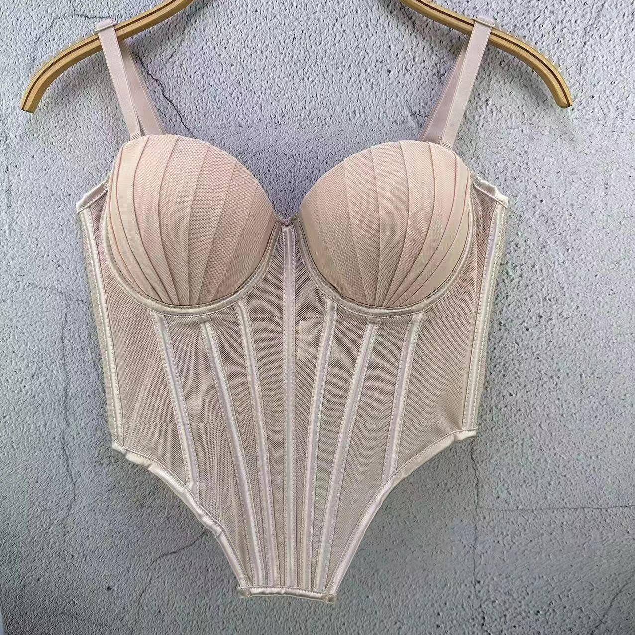 FREEDOMBEAUTY | European Station French Design Sense Mesh Lace Plastic Back Underwear Spice Girl Fishbone Tube Top Women's Thin