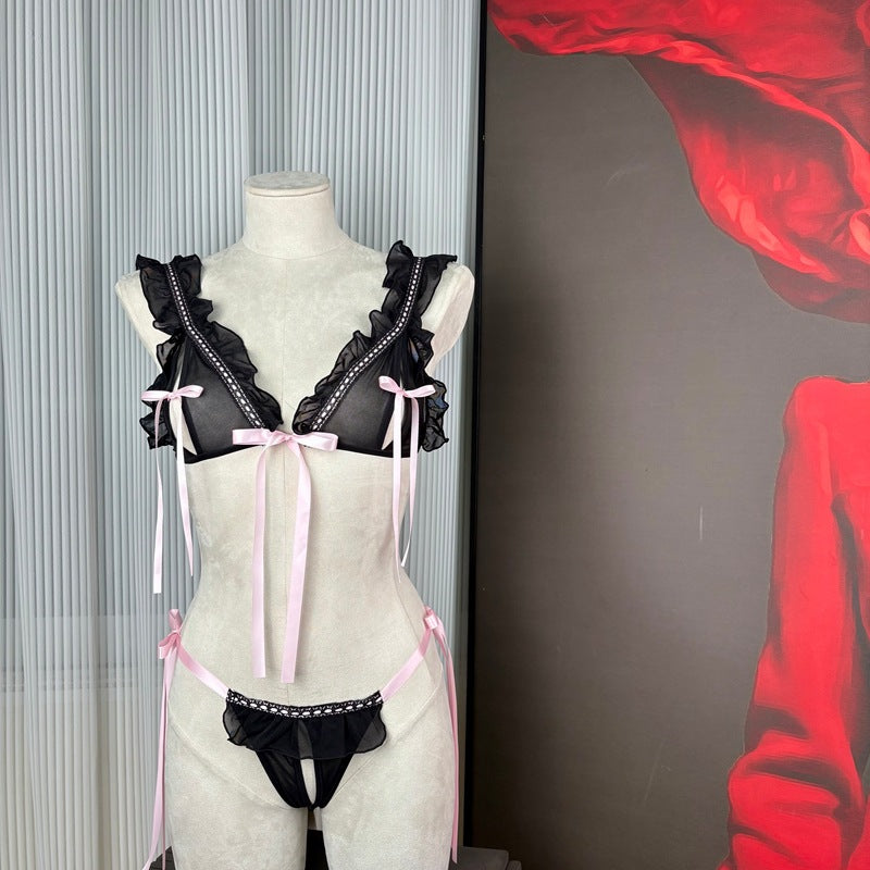 FREEDOMBEAUTY | FQ2096S Bow Hollow Free Sex Underwear Set Women's Big Breast Lotus Leaf Edge Perspective Mesh Pure Desire T