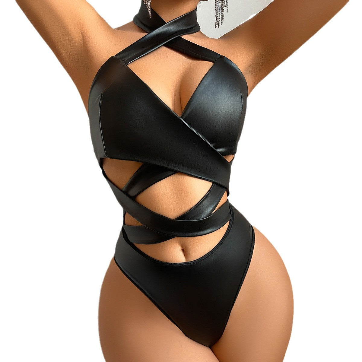 Freedombeauty | Lace Black Motorcycle Suit Strap Bundled Sexy Neck  bodysuit 27267