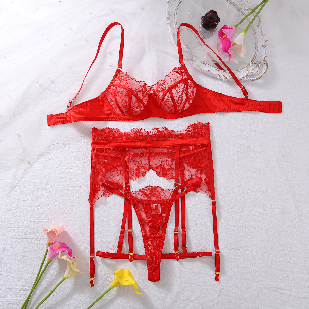 Freedombeauty | Sexy lingerie lace embroidery perspective splicing seduction tease bra set four-piece set