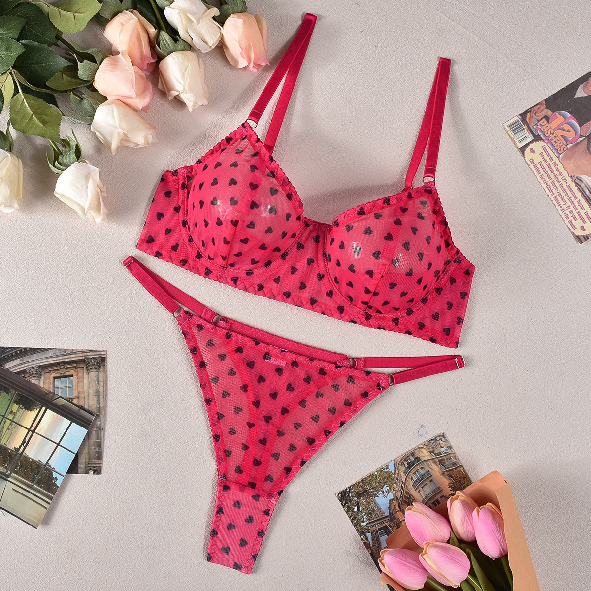 FREEDOMEBEAUTY | Popular set of sex underwear four seasons underwear love printing temptation 2-piece set of lace sexy hollow