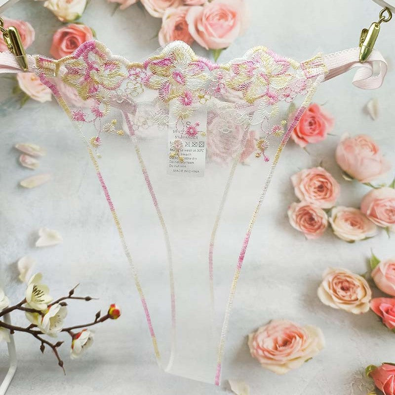 FREEDOMBEAUTY | Embroidery sexy flower women's perspective lace seduction lingerie panties thong cross-border combination