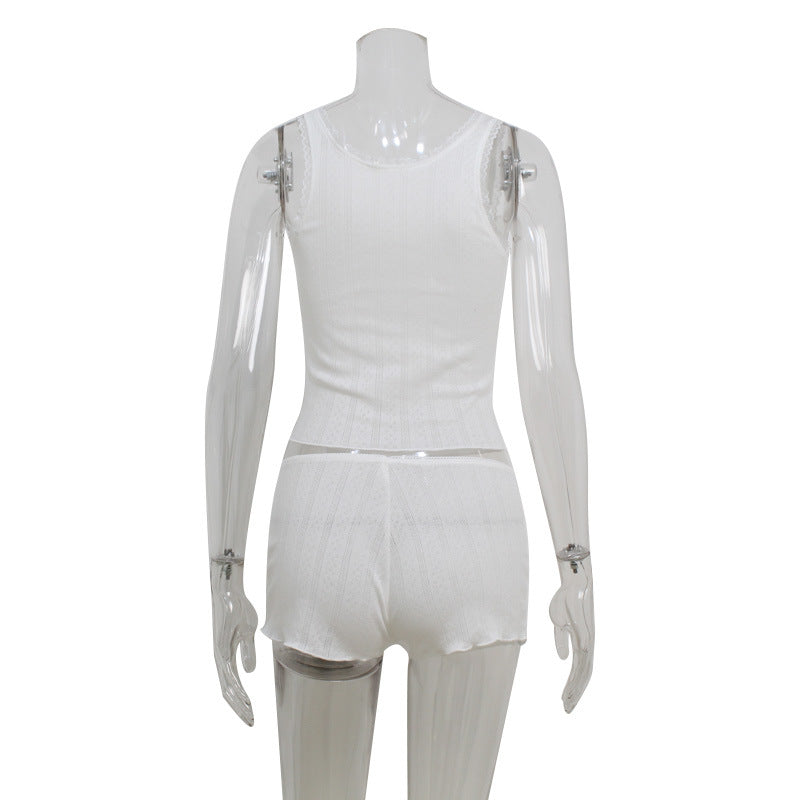 FREEDOMBEAUTY | American Pure Desire Summer Hundred Pagoda Slim-fit Lace Edge Splicing Sleeveless Vest Shorts Cotton-containing Suit Women's Clothing