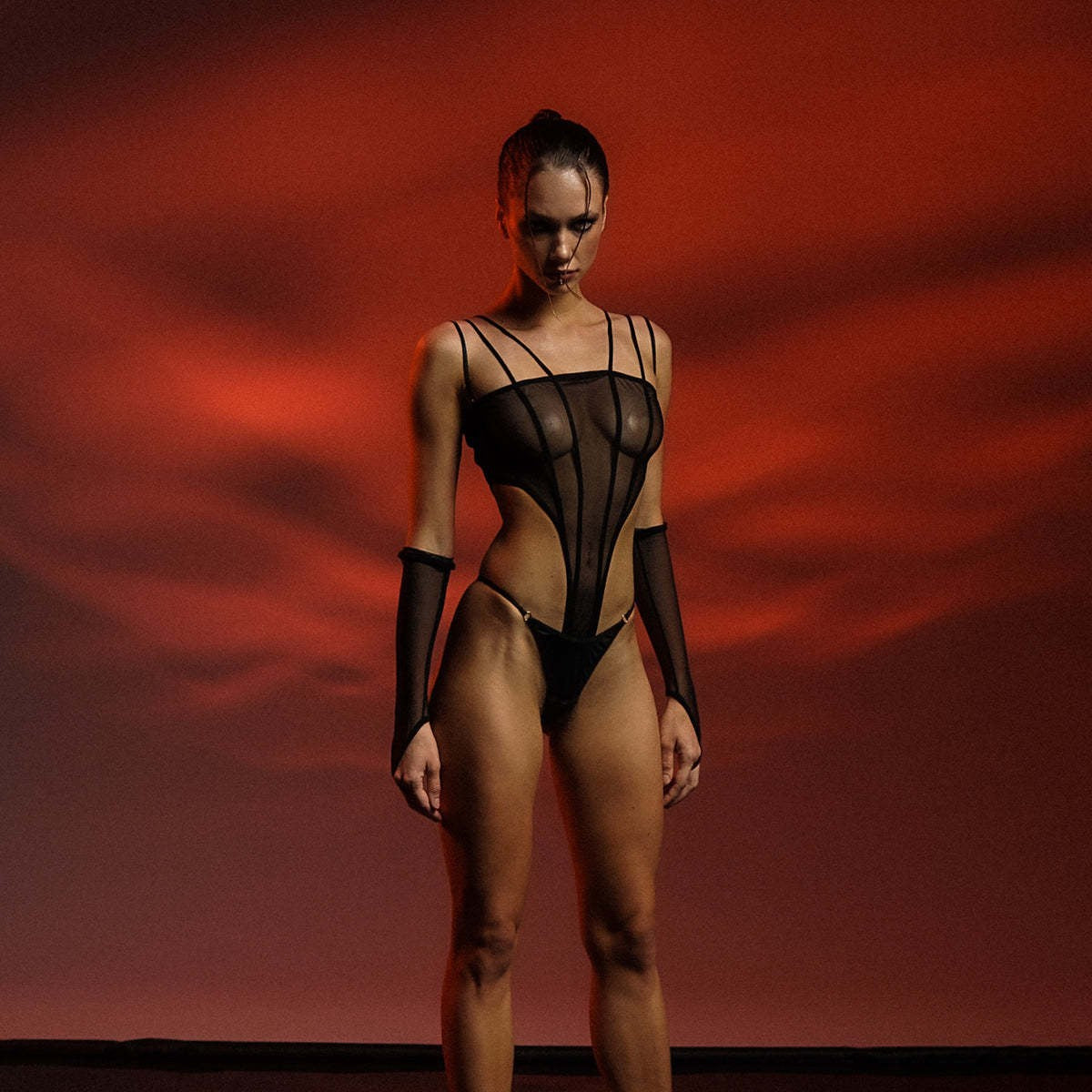 FREEDOMBEAUTY | Black mesh see-through sex underwear line-sensitive onesie suspender big halter onesie