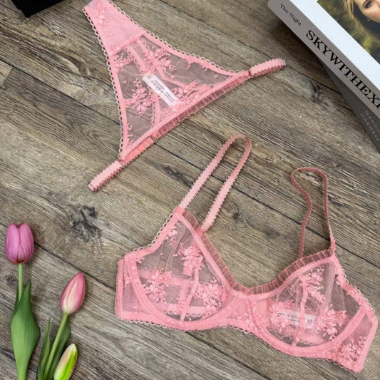 FREEDOMBEAUTY | French floral embroidery lace bra set steel ring ultra-thin perspective ruffle edge sexy underwear trousers set summer