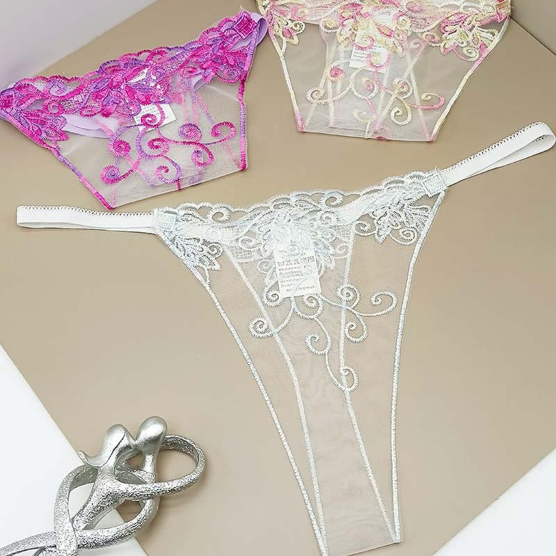 FREEDOMBEAUTY | Embroidery Sexy Transparent Women's Thong Perspective European and American Seduction Panties Cross-border Mesh Embroidery