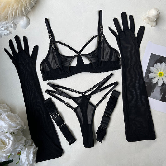 FREEDOMBEAUTY | European and American cross-border mesh see-through belt steel ring gathers to shape sexy underwear 4-piece set