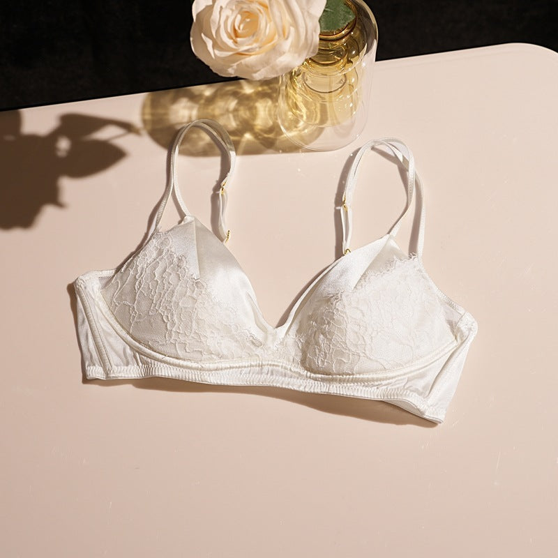 FREEDOMBEAUTY | Lace lightweight rimless mulberry silk panties triangle French double shoulder strap women's bra