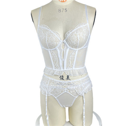 FREEDOMBEAUTY | New ultra-thin underwear French pure desire hollow lace embroidered fishbone garment garter sexy mesh bra set