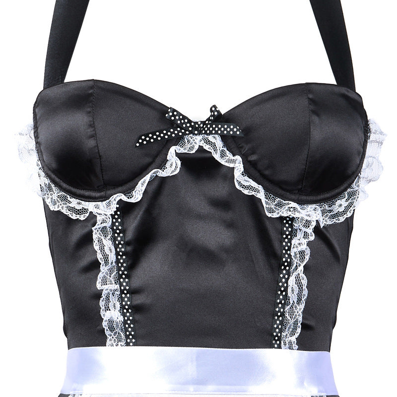 FREEDOMBEAUTY | FQ2790 Satin sponge pad lace neck maid uniform seduction midnight charm passion waiter outfit
