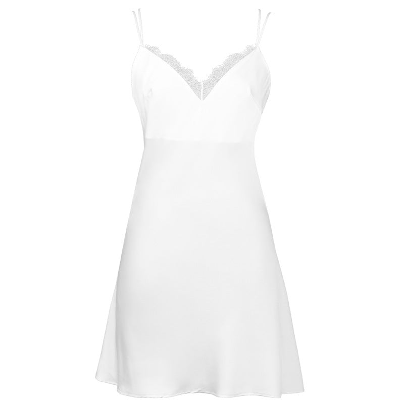 FREEDOMBEAUTY | FQ2720 eyelash lace satin satin suspender halter cross with V-neck sleeveless comfortable nightdress women's black and white
