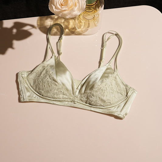 FREEDOMBEAUTY | Lace lightweight rimless mulberry silk panties triangle French double shoulder strap women's bra