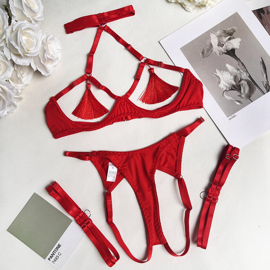 freedombeauty|Fun tassel underwear steel ring mesh hollowed underwear set sexy kit