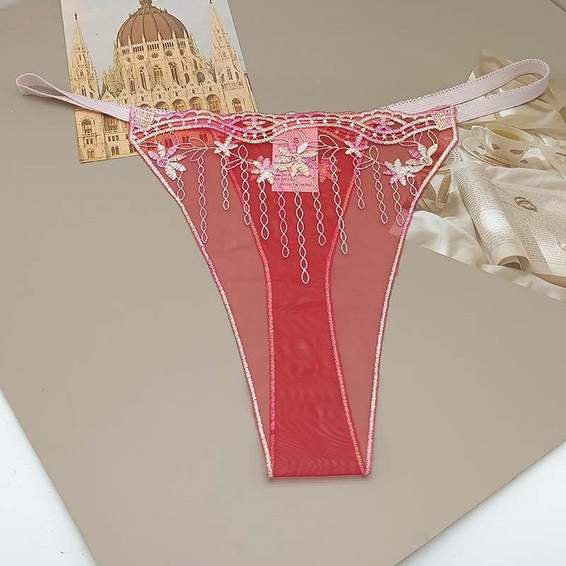 FREEDOMBEAUTY | Sexy low waist seduction lace perspective hollow women's thong transparent red mesh embroidery sexy cross-border
