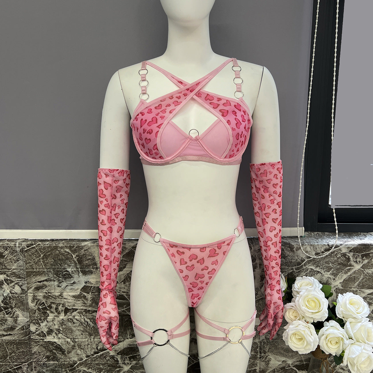 freedombeauty|Pink leopard print metal chain sexy underwear set with gloves leg rings Valentine's Day gift hot