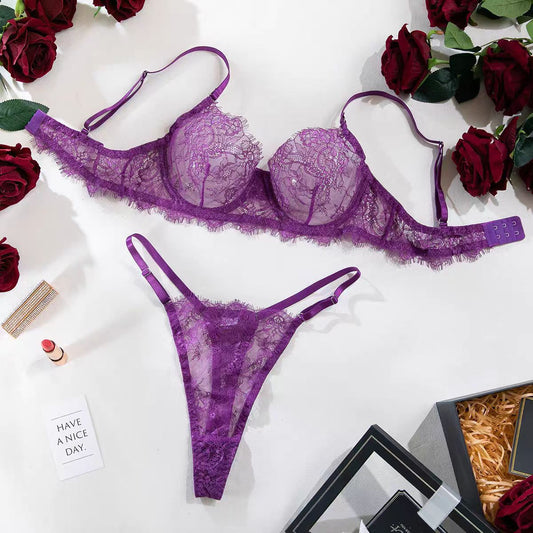 FREEDOMBEAUTY | Ultra-thin sexy lace French bra, crystal cup underwear, big breasts are small, no sponge with steel ring, small breasts gather