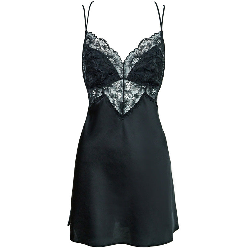 FREEDOMBEAUTY | FQ2866 Pure lace satin women's suspender cross nightdress summer thin high-end deep V Europe and America