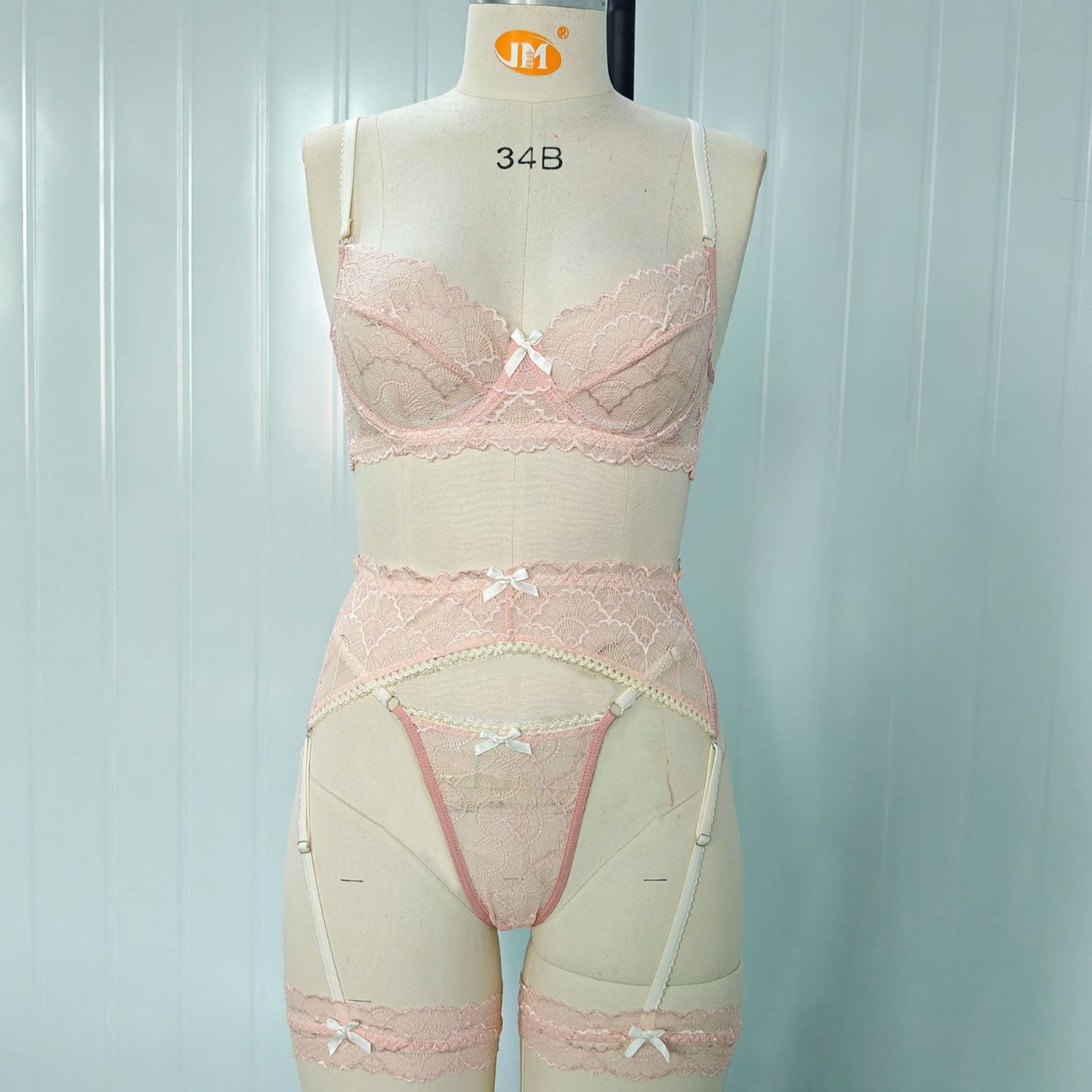FREEDOMBEAUTY | European and American style foreign trade cross-border new product pink bra lace set garter leg ring bow exquisite women's clothing