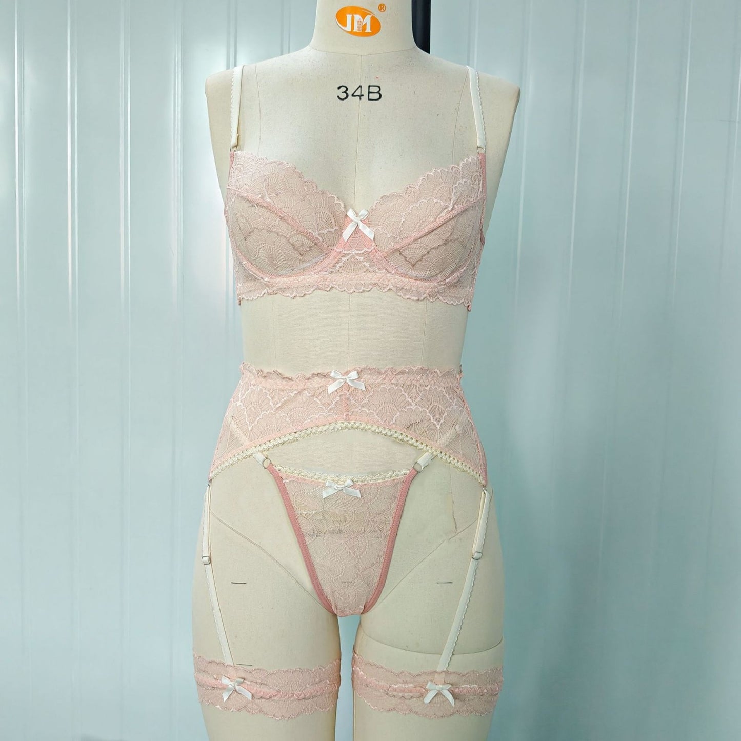 FREEDOMBEAUTY | European and American style foreign trade cross-border new product pink bra lace set garter leg ring bow exquisite women's clothing