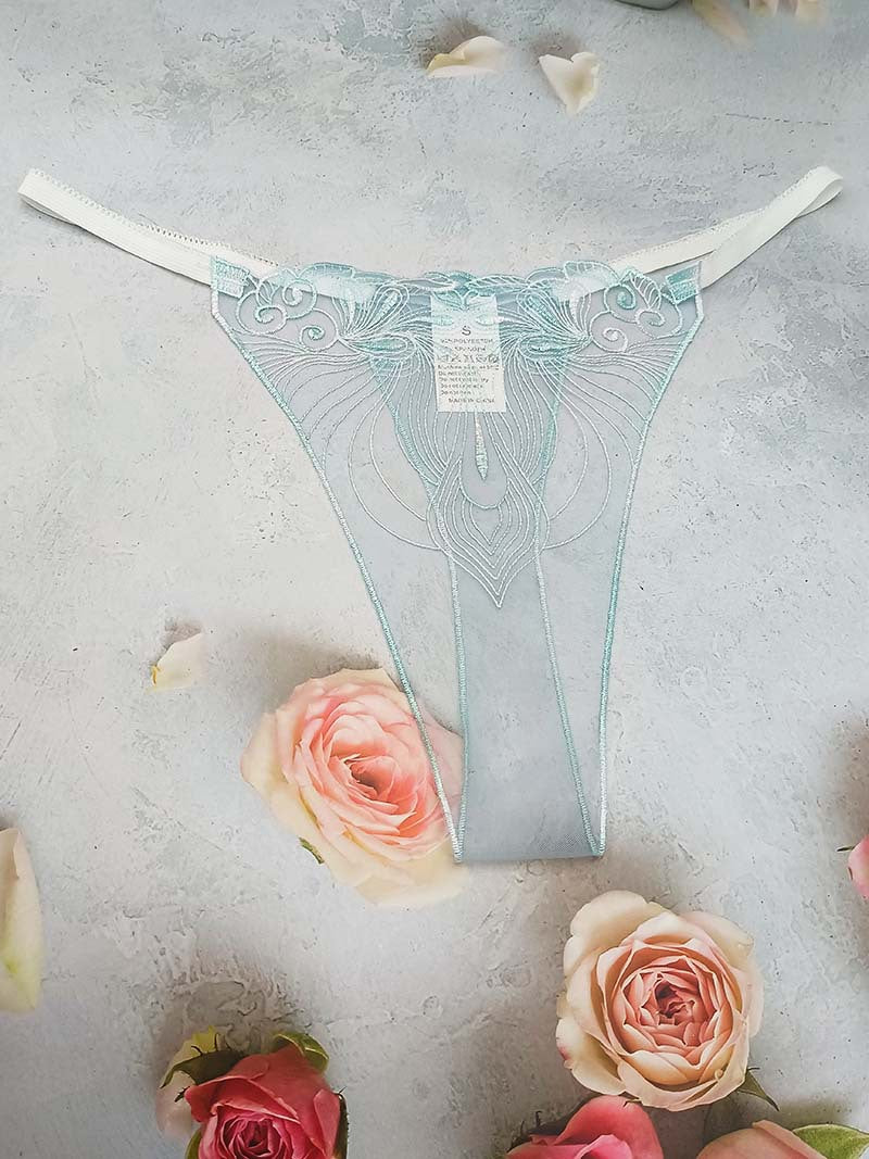 FREEDOMBEAUTY | Transparent mesh embroidery sexy perspective light women's sexy thong three-color optional pattern embroidery cross-border