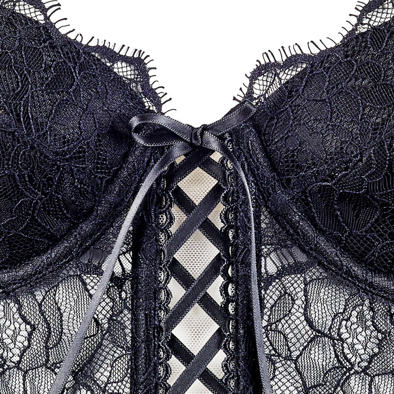 Freedombeauty | FQ2709 Eyelash Lace Sponge Rim Cross Strap Fishbone Bust with Exterior Zipper