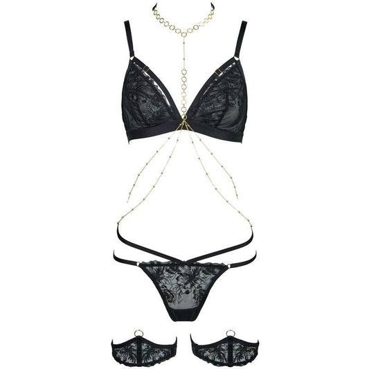 FREEDOMBEAUTY | FQ287234 Embroidery Underwear Set Series Mesh Perspective Sex Underwear Waist Women's Nightdress Cross-border Black