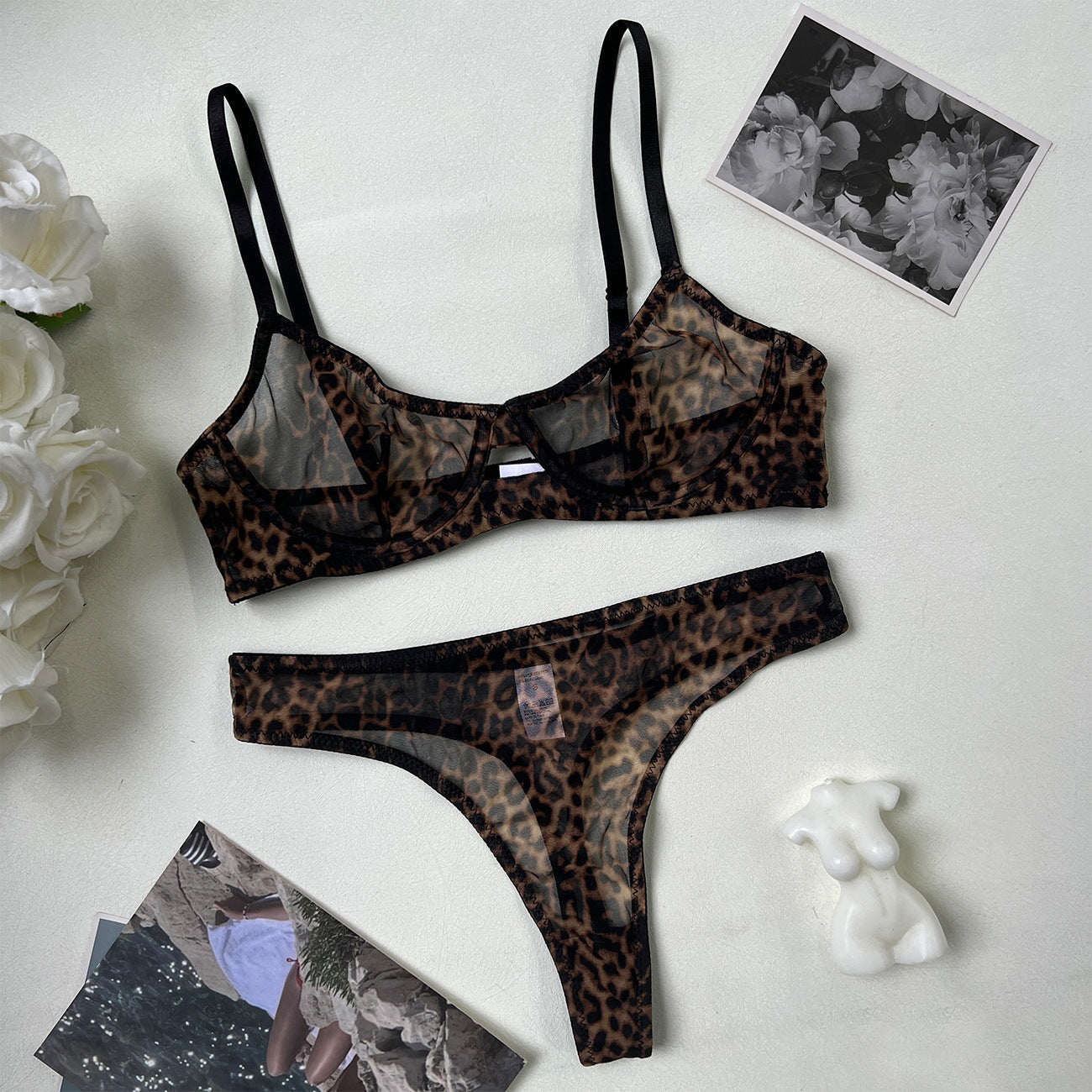 freedombeauty|Sexy leopard print underwear, French bra, ultra-thin mesh sex set, perspective.