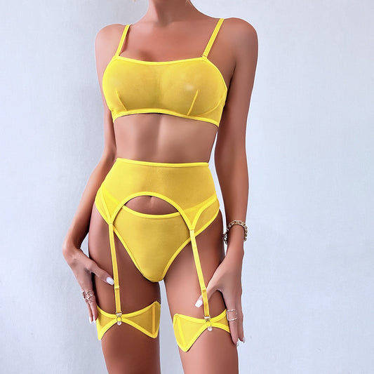 FREEDOMBEAUTY | INS Women's Sexy Underwear AliExpress Mesh Perspective High Elastic Comfort 4-piece Set with Leg Rings 3382